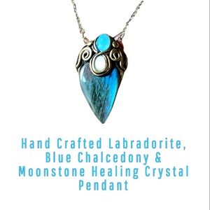 Handcrafted Artisan Labradorite Blue Chalcedony & Moonstone Crystal Boho Pendant